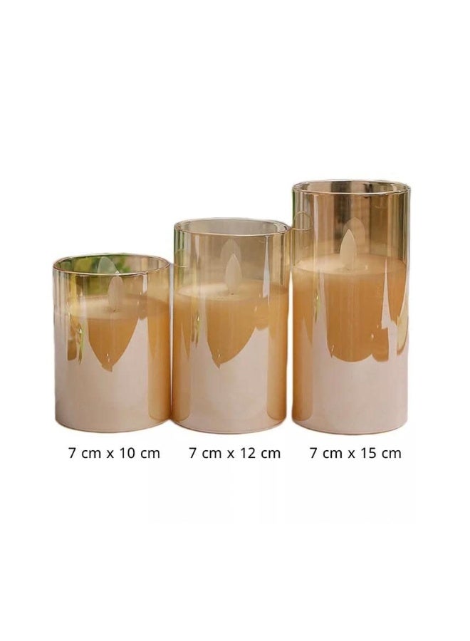 مادو جاليري مجموعة شموع LED زجاجية من مادو جاليري مع لهب راقص وتعمل بالبطارية، مجموعة من 3 قطع في صندوق واحد بألوان ذهبية أو شفافة، شمع حقيقي وملمس حقيقي للهب الشموع الاصطناعية (لون ذهبي) - Image 4