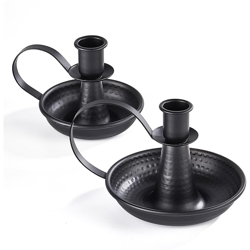 HASTHIP® 2Pcs Candle Holder Stand Retro Iron Taper Candle Stand with Wax Drip Tray Base &Handle, Vintage Metal Tealight Candlestick Holders for Dining Table Decor, Home, Christmas Decoration - Black - Image 1