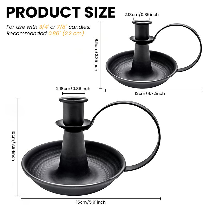 HASTHIP® 2Pcs Candle Holder Stand Retro Iron Taper Candle Stand with Wax Drip Tray Base &Handle, Vintage Metal Tealight Candlestick Holders for Dining Table Decor, Home, Christmas Decoration - Black - Image 2