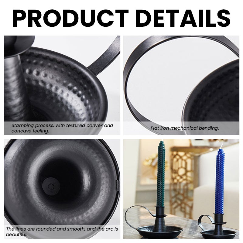 HASTHIP® 2Pcs Candle Holder Stand Retro Iron Taper Candle Stand with Wax Drip Tray Base &Handle, Vintage Metal Tealight Candlestick Holders for Dining Table Decor, Home, Christmas Decoration - Black - Image 3