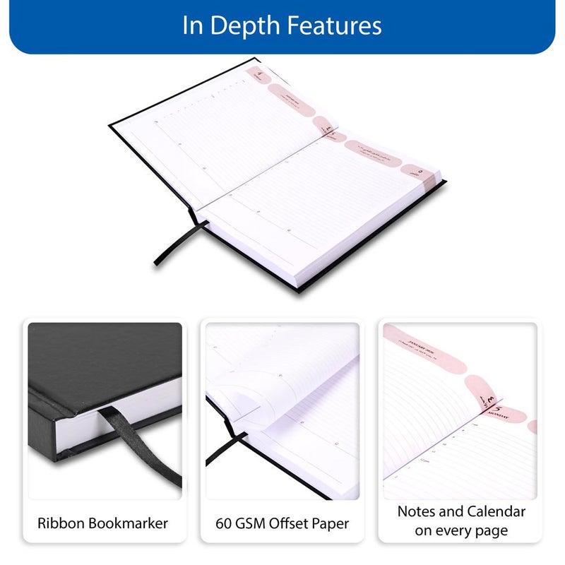 FIS مفكرة أجندة FIS 2026، بحجم 170x240 مم، غلاف صلب من الفينيل، تنسيق يوم واحد في الصفحة، عربي/إنجليزي، ورق أبيض 60 جرام، غلاف أسود - FSDI75AEV26BK - Image 5