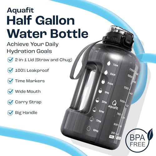 AQUAFIT Half Gallon Water Bottle with Time Marker - Straw & Chug Lid - BPA Free Gym Water Bottle with Straw - Big Gallon Jug (Gray, 64 oz - 2in1 Lid) - Image 2