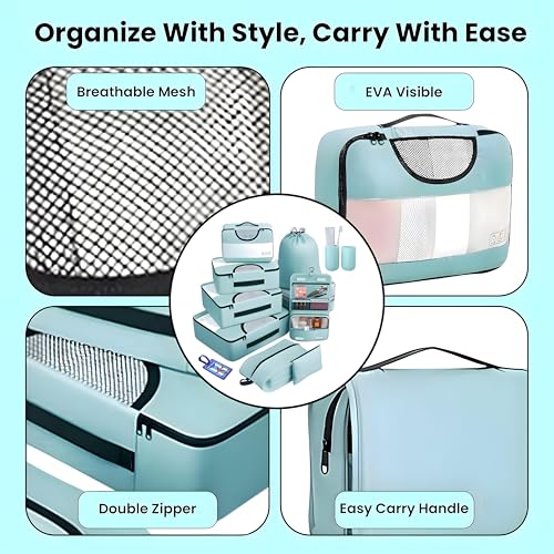 Oceanevo Set of 10 Packing Cubes with Luggage Tag and Toothbrush Holder, Travel Organiser Bags for Luggage, Suitcase Organizer for Travelling for Clothes, Shoe and Lingerie - Model 2.0 - Sky Blue - Image 3