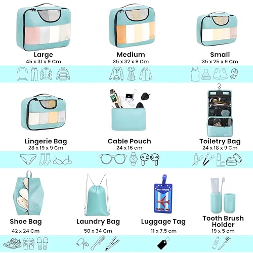 Oceanevo Set of 10 Packing Cubes with Luggage Tag and Toothbrush Holder, Travel Organiser Bags for Luggage, Suitcase Organizer for Travelling for Clothes, Shoe and Lingerie - Model 2.0 - Sky Blue - Image 2