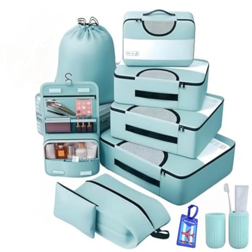 Oceanevo Set of 10 Packing Cubes with Luggage Tag and Toothbrush Holder, Travel Organiser Bags for Luggage, Suitcase Organizer for Travelling for Clothes, Shoe and Lingerie - Model 2.0 - Sky Blue - Image 1