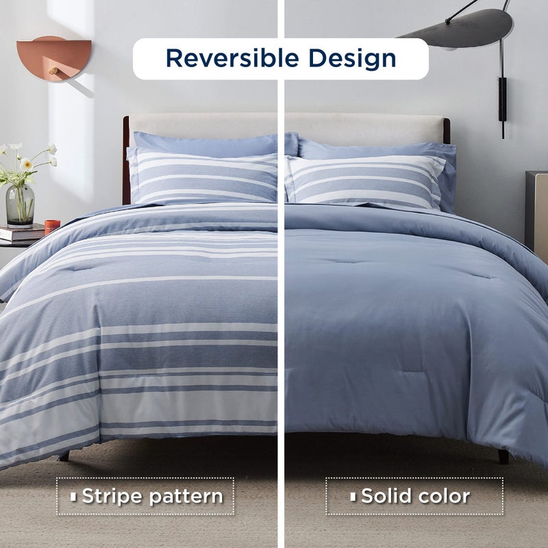 Bedsure Full Comforter Set 7 Pieces, Blue Striped Bedding Set for All Seasons, Reversible, Cationic Dyeing Bed in a Bag with Comforter, Sheets, Pillowcases & Shams - Image 2