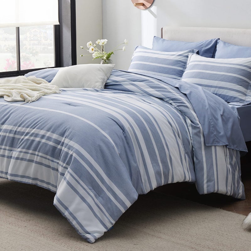 Bedsure Full Comforter Set 7 Pieces, Blue Striped Bedding Set for All Seasons, Reversible, Cationic Dyeing Bed in a Bag with Comforter, Sheets, Pillowcases & Shams - Image 1