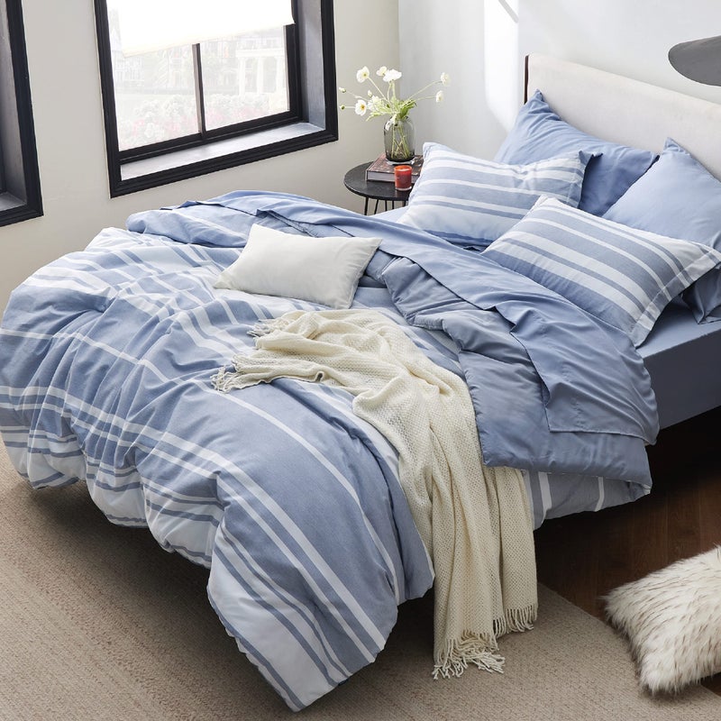 Bedsure Full Comforter Set 7 Pieces, Blue Striped Bedding Set for All Seasons, Reversible, Cationic Dyeing Bed in a Bag with Comforter, Sheets, Pillowcases & Shams - Image 4