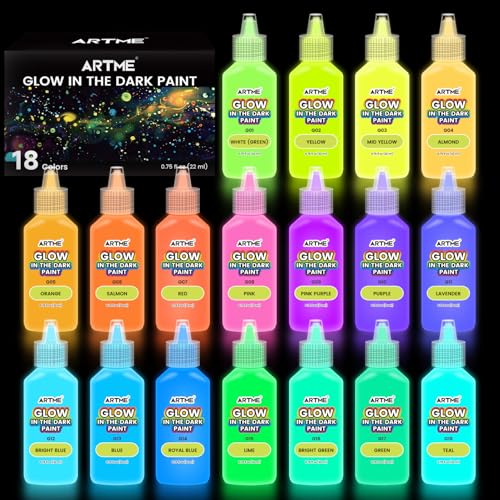 ARTME Glow in The Dark Paint, 18 Bright Colors 22ml/0.75oz Blacklight Paint Set, Neon Craft Paints, Glow Fluorescent Acrylic Paints Perfect for DIY projects, Halloween and Christmas Decorations - Image 1
