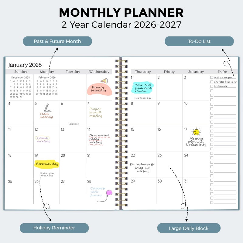 SKYDUE Monthly Planner 2026-2027, 24 Months Calendar Planner 2026-2027, 7.5" x 10" B5 Planner, Twin-wire Spiral Bound, Durable Waterproof Cover, Thick No-Bleed Paper, Blue - Image 2
