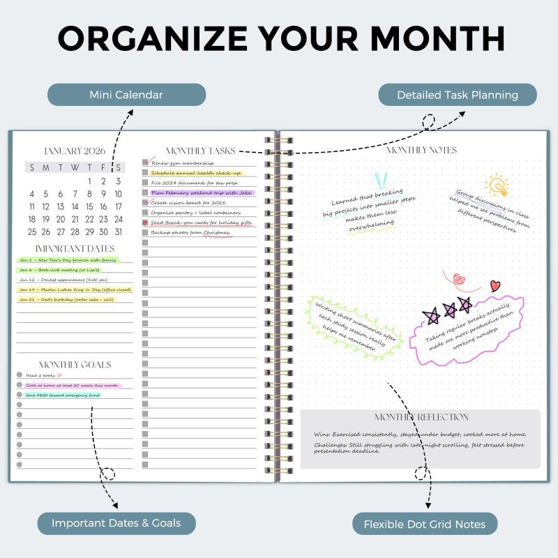 SKYDUE Monthly Planner 2026-2027, 24 Months Calendar Planner 2026-2027, 7.5" x 10" B5 Planner, Twin-wire Spiral Bound, Durable Waterproof Cover, Thick No-Bleed Paper, Blue - Image 3