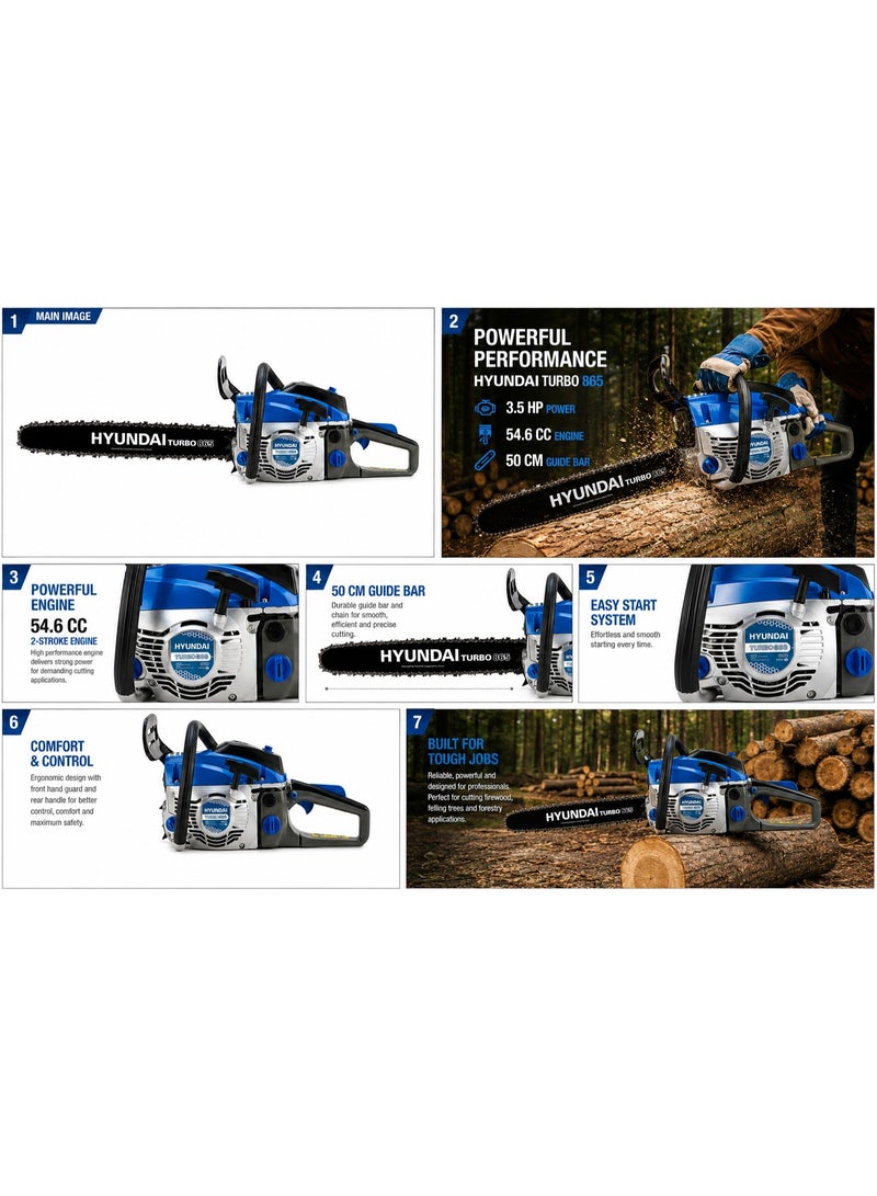 HYUNDAI Petrol Chainsaw Hyundai HY Turbo 865 54.6cc 3.5HP 50cm Guide Bar Professional Gasoline Chain Saw for Forestry and Heavy-Duty Wood Cutting - Image 3
