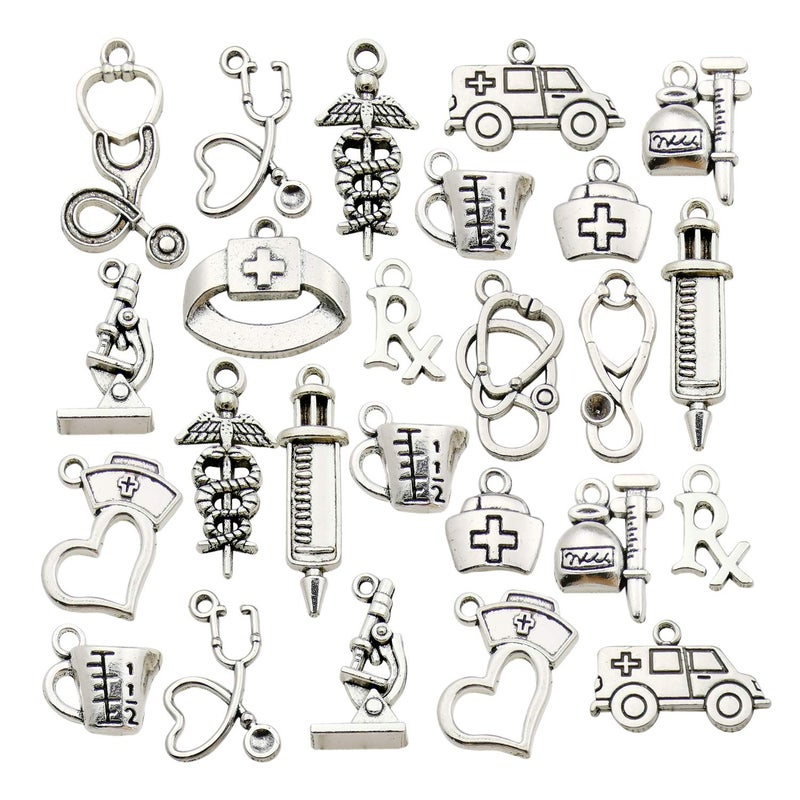 WOCRAFT 70pcs Craft Supplies Antique Silver Medical Nurse Charms Stethoscope Syringe Nurse Cap Hat Charms for Jewelry Making Crafting Findings Accessory for DIY Necklace Bracelet M297