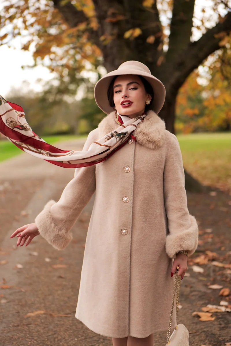 Santinni London  Monroe' Wool and Faux Fur Teddy Coat in Camel for Women | Best Price UAE