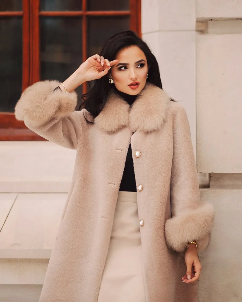 Monroe' Wool and Faux Fur Teddy Coat in Camel