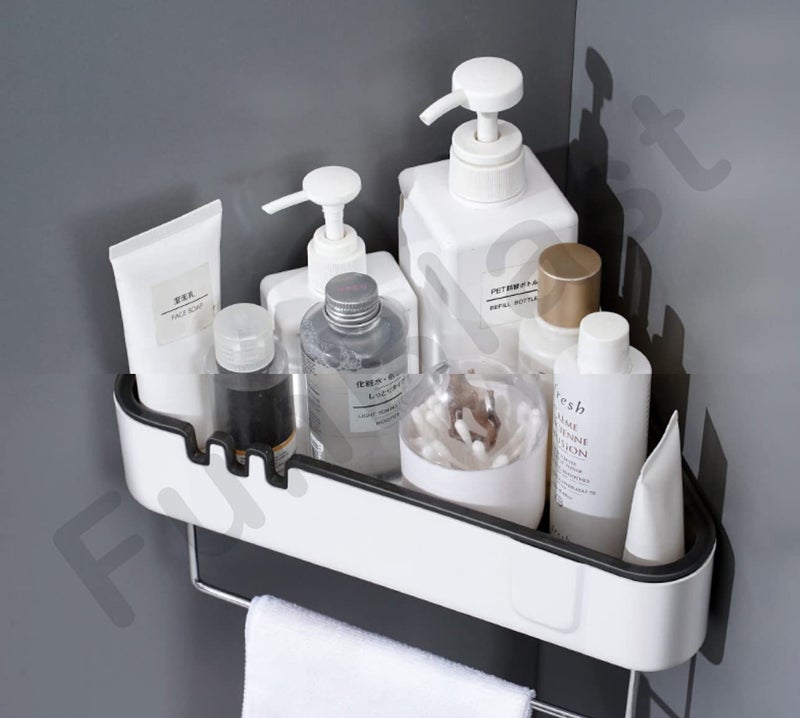 FunBlast Bathroom Rack Self Adhesive - Plastic Magic Sticker Series Self Adhesive Wall Mounted Bathroom Shelf with Towel Hanging Rod, Bathroom Accessories Holder Rack (Triangle) - Image 1