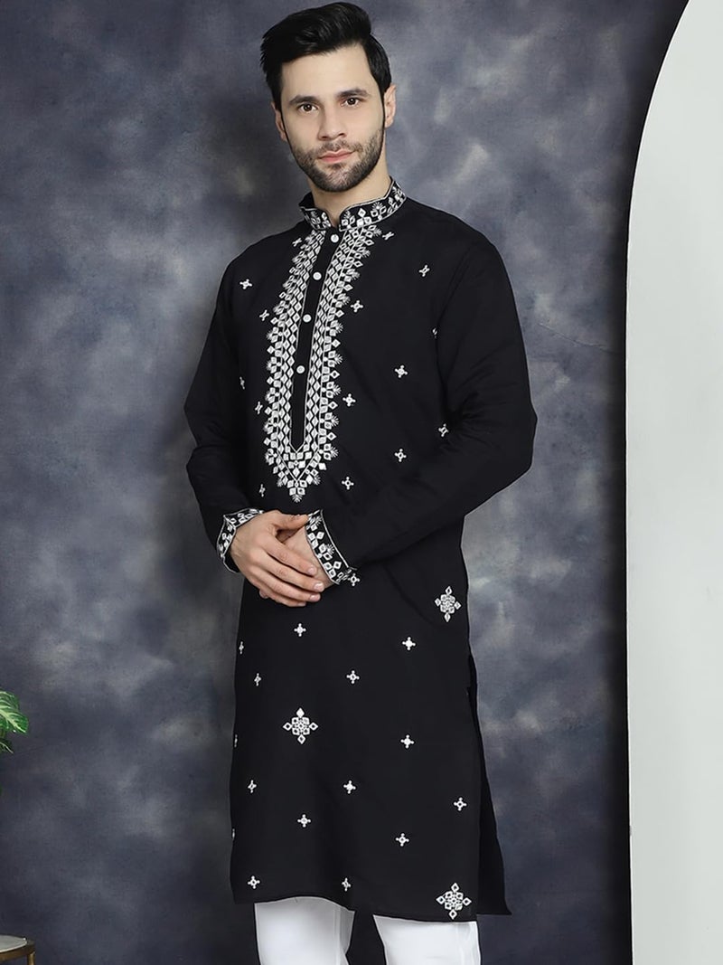 Jompers Men's Black Embroidered Kurtas (Black, L) - Image 3