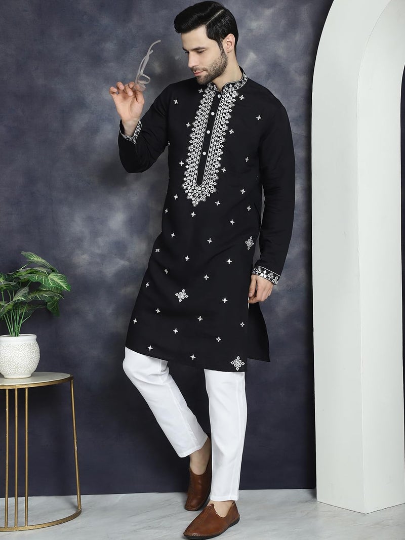 Jompers Men's Black Embroidered Kurtas (Black, L) - Image 4