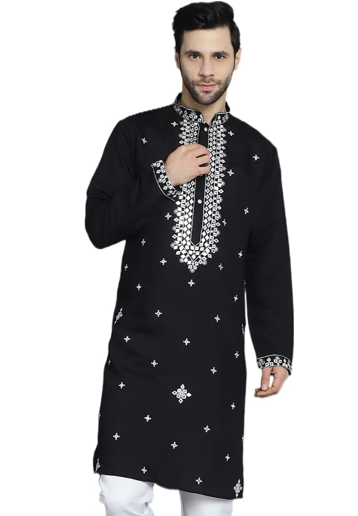 Jompers Men's Black Embroidered Kurtas (Black, L) - Image 1