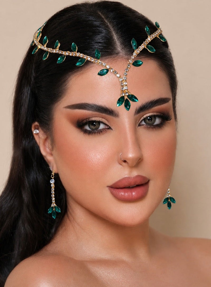 طقم إكسسوارات نسائي فاخر بسلسلة رأس وأقراط مرصعة بالكريستال الأخضر - إكسسوارات يوم التأسيس السعودي للحفلات والمناسبات الخاصة - Image 1