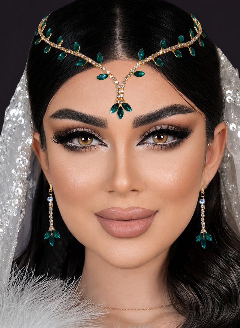 طقم إكسسوارات نسائي فاخر بسلسلة رأس وأقراط مرصعة بالكريستال الأخضر - إكسسوارات يوم التأسيس السعودي للحفلات والمناسبات الخاصة - Image 3