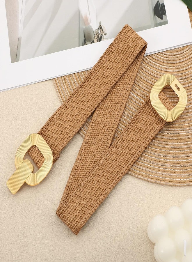 WHIPPY Straw Woven Elastic Belt for Women Boho Stretch Waistband with Gold Buckle Braid Belts for Dress, Brown, XL - Image 3