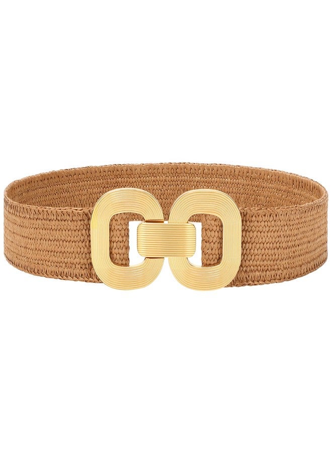 WHIPPY Straw Woven Elastic Belt for Women Boho Stretch Waistband with Gold Buckle Braid Belts for Dress, Brown, XL - Image 1
