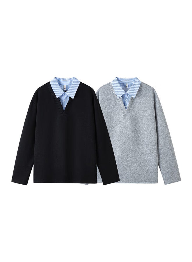 Swamp Area Men's Two-in-one Spliced Collar Pullover Sweatshirt Spring Autumn Loose Fit Casual Couple Hoodie Swt329 Gray M - Image 2