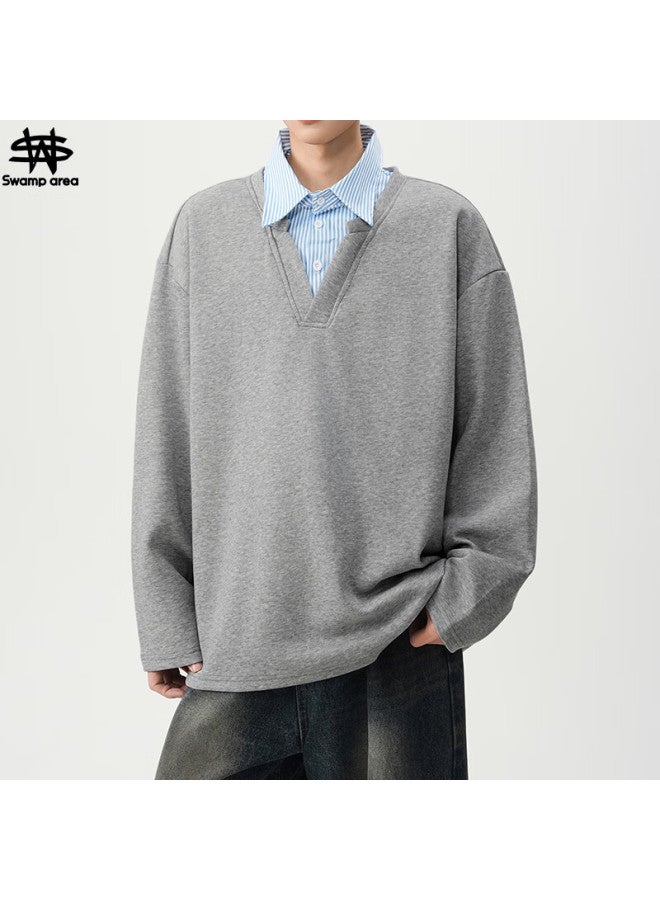 Swamp Area Men's Two-in-one Spliced Collar Pullover Sweatshirt Spring Autumn Loose Fit Casual Couple Hoodie Swt329 Gray M - Image 1