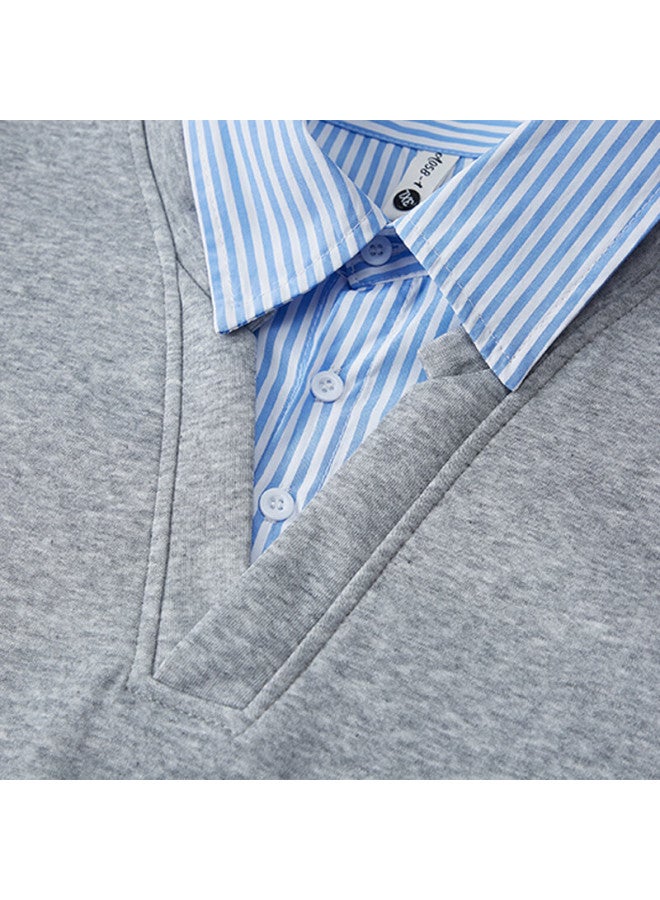 Swamp Area Men's Two-in-one Spliced Collar Pullover Sweatshirt Spring Autumn Loose Fit Casual Couple Hoodie Swt329 Gray M - Image 5