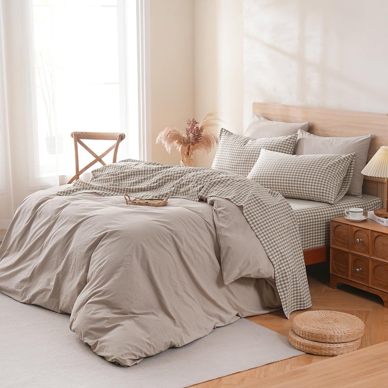 TOCOMOA Tan Gingham Sheets Bedding Set 100% Washed Cotton Like Linen Feel Breathable Soft Comfy 4-Piece Brown Plaid Checkered Bed Sheet Set with 17" Deep Pocket Cute Aesthetic, Queen - Image 2
