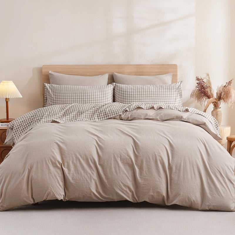 TOCOMOA Tan Gingham Sheets Bedding Set 100% Washed Cotton Like Linen Feel Breathable Soft Comfy 4-Piece Brown Plaid Checkered Bed Sheet Set with 17" Deep Pocket Cute Aesthetic, Queen - Image 3