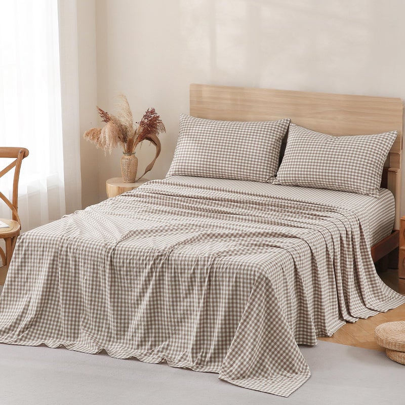 TOCOMOA Tan Gingham Sheets Bedding Set 100% Washed Cotton Like Linen Feel Breathable Soft Comfy 4-Piece Brown Plaid Checkered Bed Sheet Set with 17" Deep Pocket Cute Aesthetic, Queen - Image 4