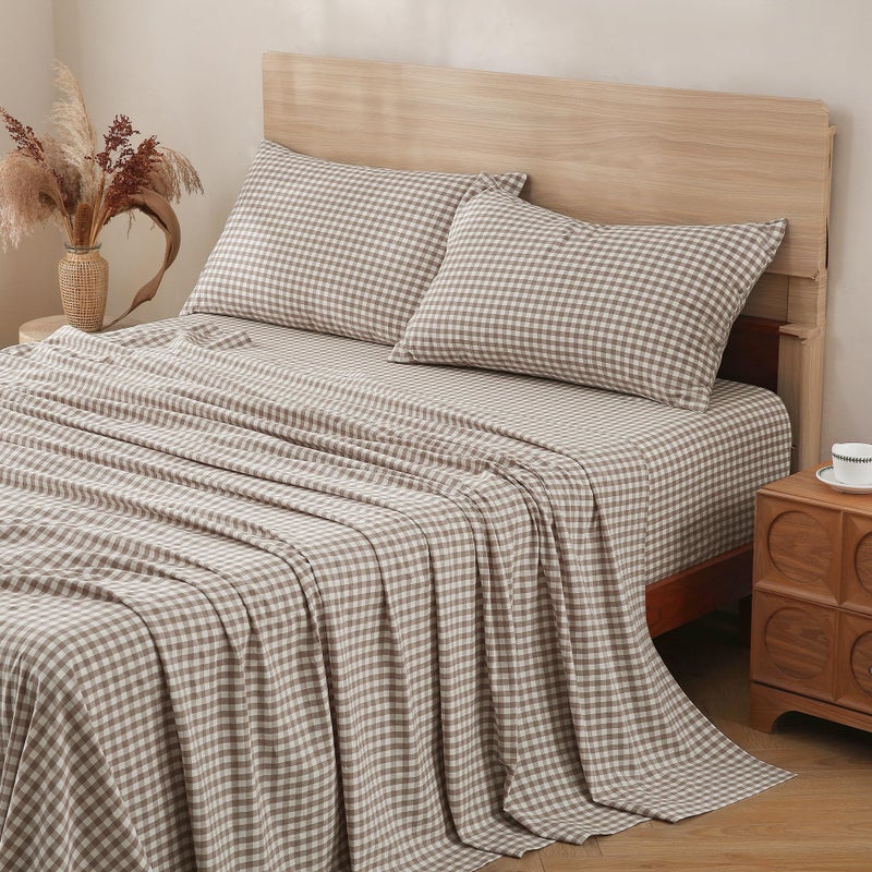 TOCOMOA Tan Gingham Sheets Bedding Set 100% Washed Cotton Like Linen Feel Breathable Soft Comfy 4-Piece Brown Plaid Checkered Bed Sheet Set with 17" Deep Pocket Cute Aesthetic, Queen - Image 1