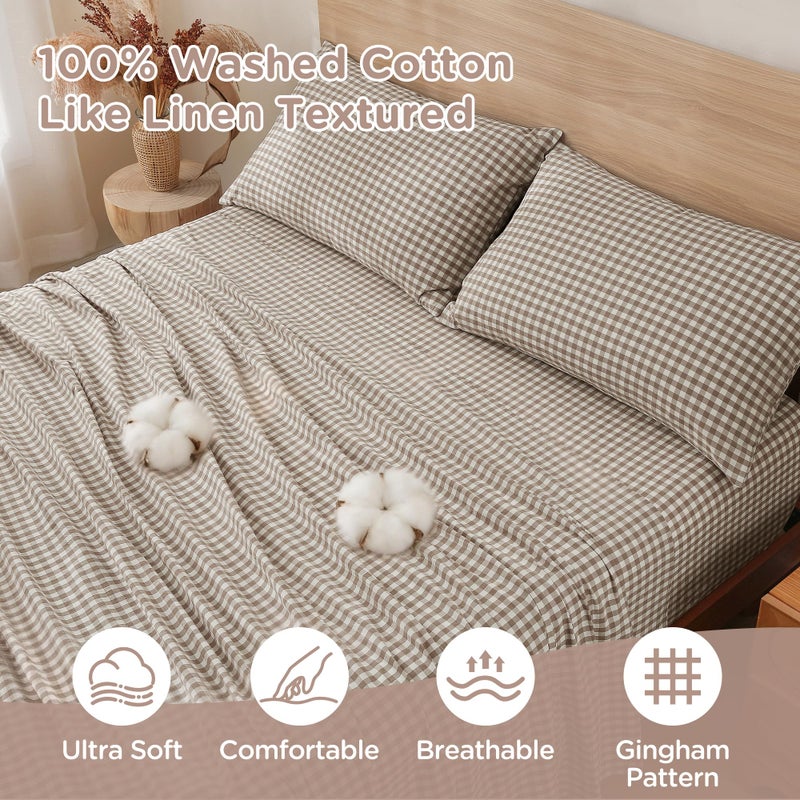 TOCOMOA Tan Gingham Sheets Bedding Set 100% Washed Cotton Like Linen Feel Breathable Soft Comfy 4-Piece Brown Plaid Checkered Bed Sheet Set with 17" Deep Pocket Cute Aesthetic, Queen - Image 5
