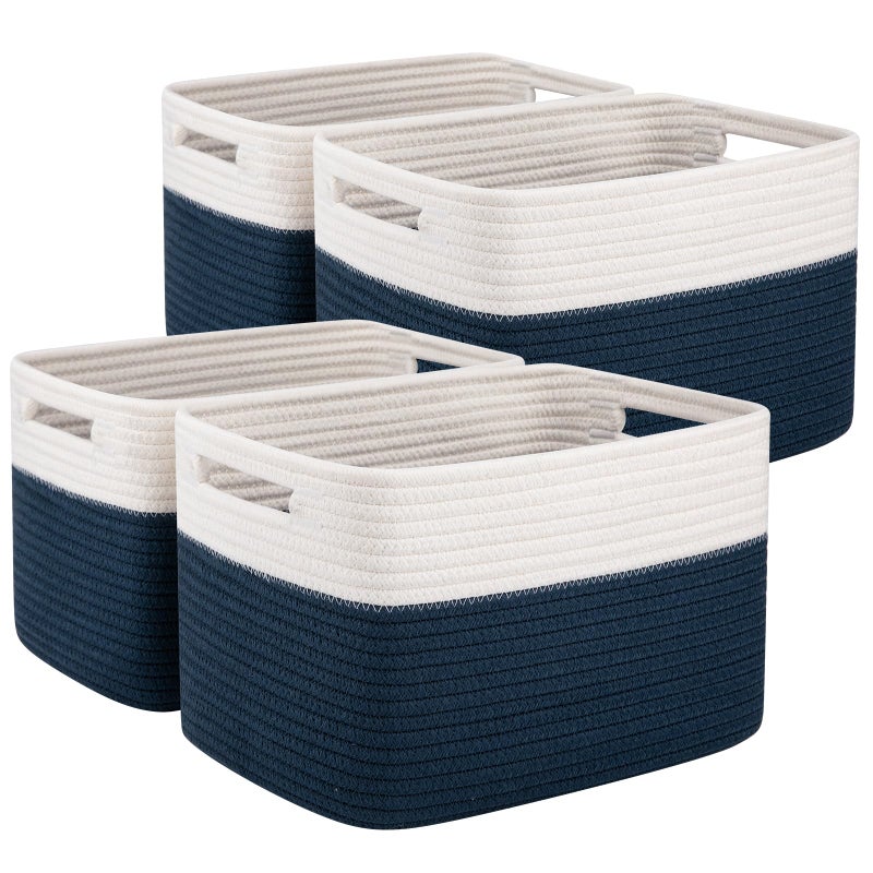 OIAHOMY 4 Pack Storage Baskets for Organizing, Basket for Shelves with Handle, Woven Baskets for Storage Toys, Towels, Books, Cotton Rope Basket 13" L x 9 " W x 7.8 " H, Blue & White - Image 1