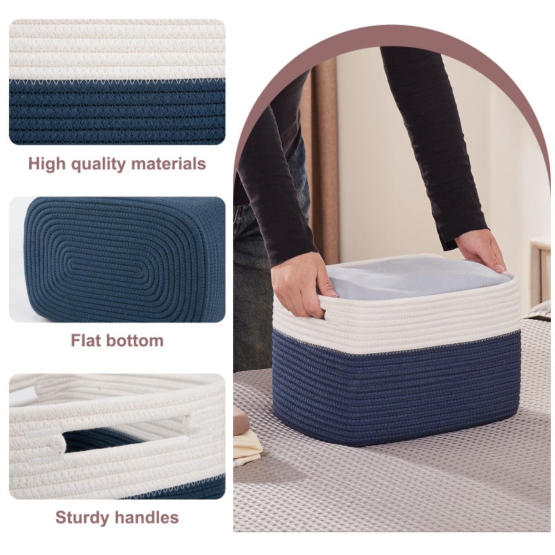 OIAHOMY 4 Pack Storage Baskets for Organizing, Basket for Shelves with Handle, Woven Baskets for Storage Toys, Towels, Books, Cotton Rope Basket 13" L x 9 " W x 7.8 " H, Blue & White - Image 3