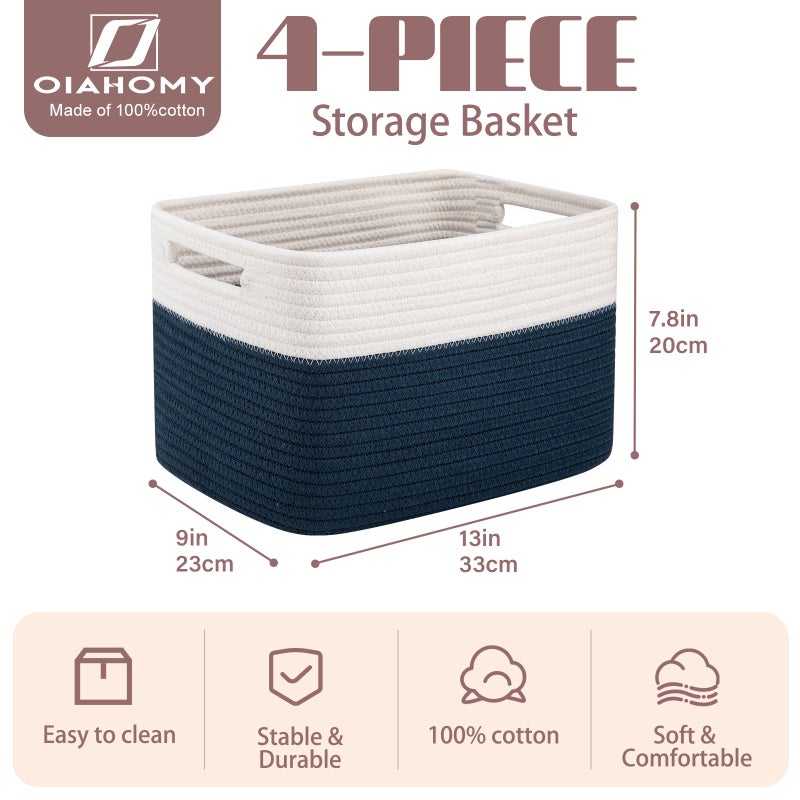 OIAHOMY 4 Pack Storage Baskets for Organizing, Basket for Shelves with Handle, Woven Baskets for Storage Toys, Towels, Books, Cotton Rope Basket 13" L x 9 " W x 7.8 " H, Blue & White - Image 2