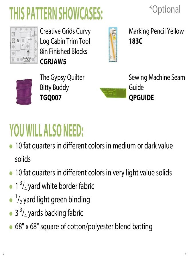 Creative Grids Bundle of Curvy Log Cabin Trim Tool 8in Finished Blocks and Cut Loose Press Carousel Curvy Log Cabin Quilt Pattern - Image 4