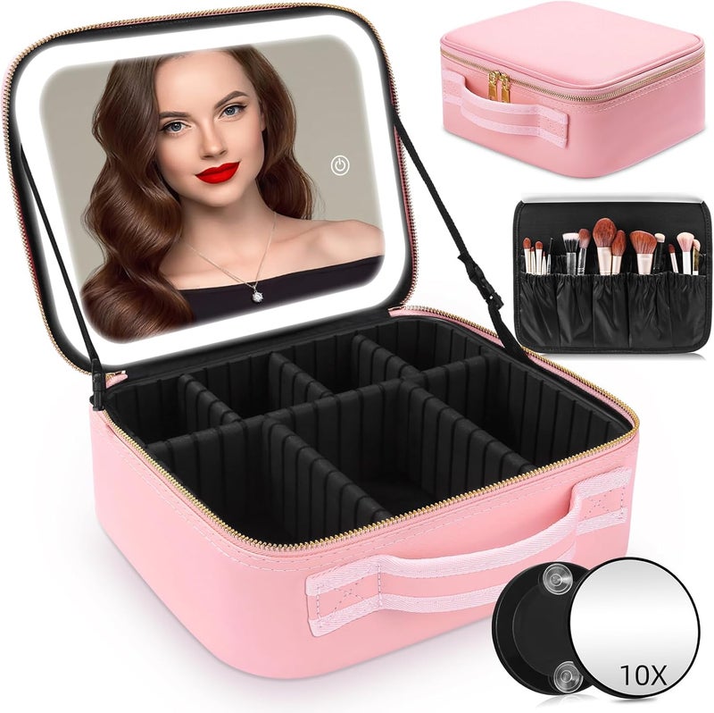 RRtide Makeup Bag with Mirror of LED Lighted, Travel Makeup Train Case Cosmetic Bag Organizer with Mirror and Lights, Make up Bag with Light up Mirror Adjustable Divider Brush Board