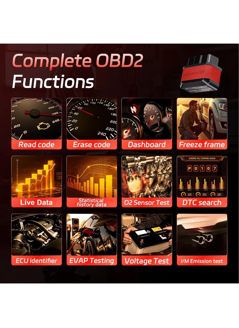 Konnwei OBD2 Scanner Bluetooth 5.2, Wireless Auto Fixd Car Diagnostic Tool，Works with iOS/Android，Car Check Engine Car Code Reader, Clear Error Code ，Performance Test ，Applicable to 99% of Cars  - Image 2