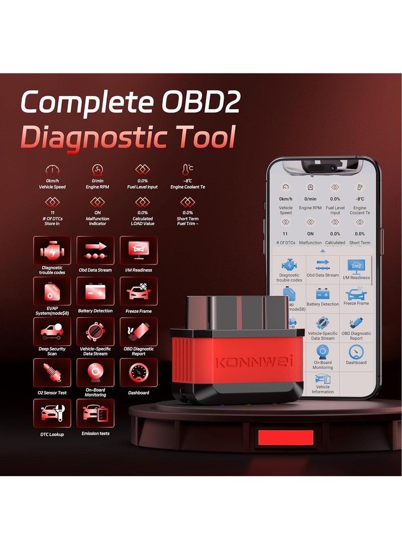 Konnwei OBD2 Scanner Bluetooth 5.2, Wireless Auto Fixd Car Diagnostic Tool，Works with iOS/Android，Car Check Engine Car Code Reader, Clear Error Code ，Performance Test ，Applicable to 99% of Cars  - Image 3
