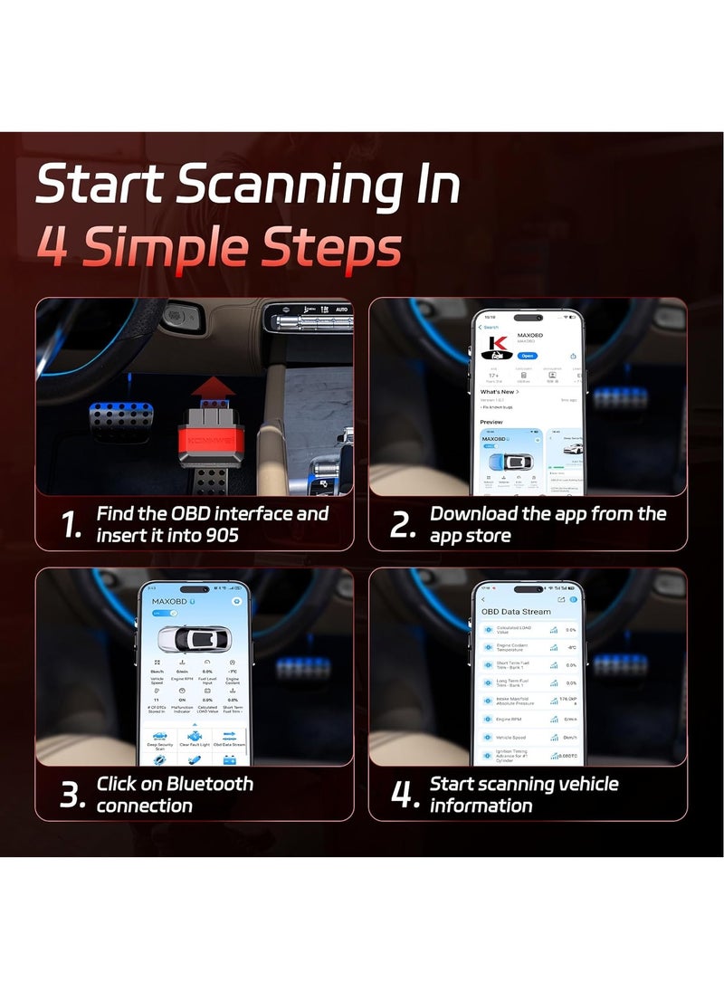 OBD2 Scanner Bluetooth 5.2, Wireless Auto Fixd Car Diagnostic Tool，Works with iOS/Android，Car Check Engine Car Code Reader, Clear Error Code ，Performance Test ，Applicable to 99% of Cars