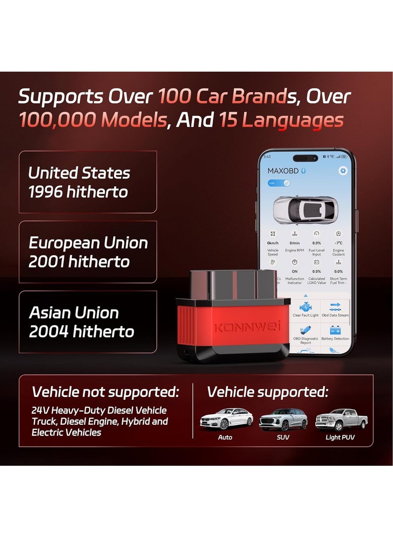 OBD2 Scanner Bluetooth 5.2, Wireless Auto Fixd Car Diagnostic Tool，Works with iOS/Android，Car Check Engine Car Code Reader, Clear Error Code ，Performance Test ，Applicable to 99% of Cars