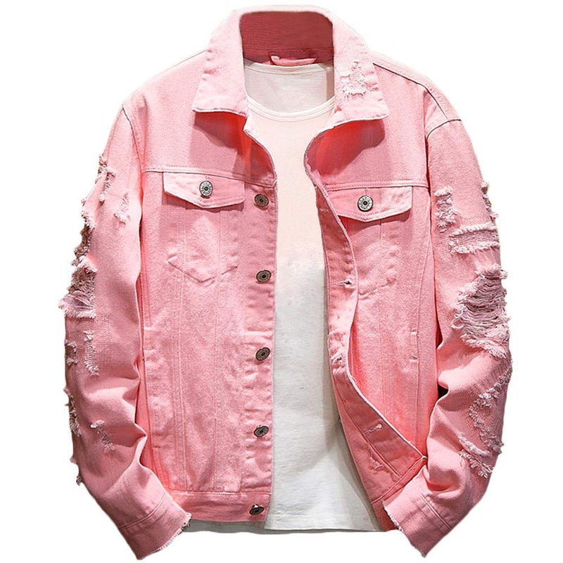 Rexcyril Mens Distressed Denim Jacket Casual Ripped Holes Button Down Trucker Jacket Jean Coat Pink Large
