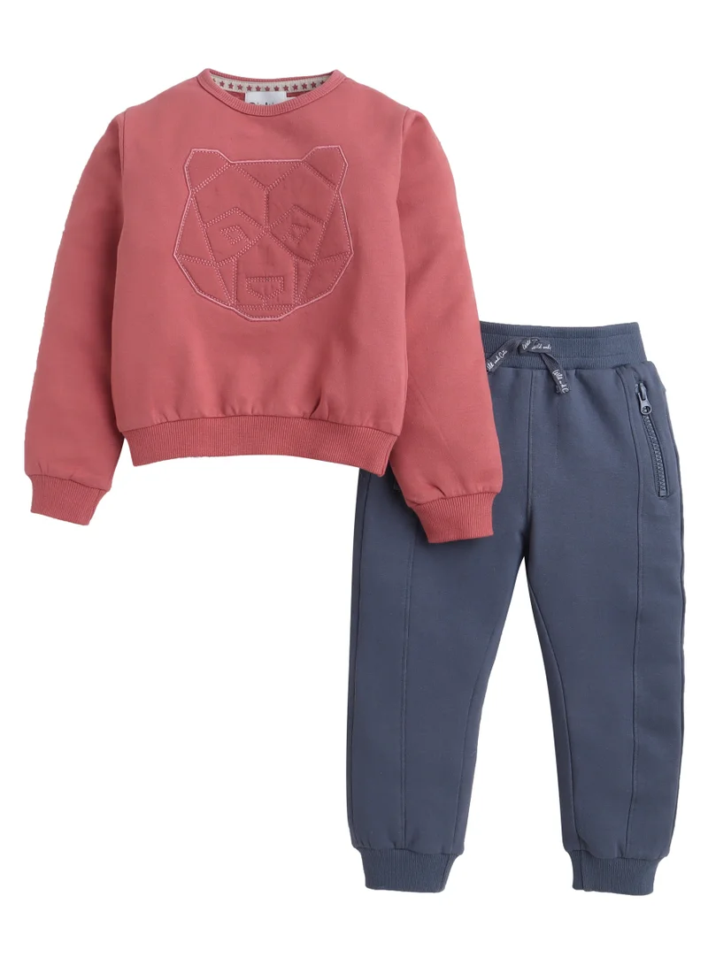 Dirkje "Dirkje Boys Bear Graphic Fleece Tracksuit – Coral &amp; Grey 2-Piece Set "
