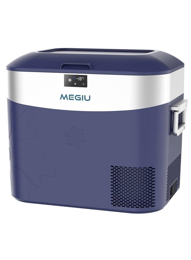 Megiu ثلاجة سيارة محمولة، 23 لتر، 12V/24V DC 110~240V AC، سعة 22 لتر، تحكم باللمس، شاشة LED، من -18°C إلى +15°C، أزرق، تشطيب غير لامع - Image 1