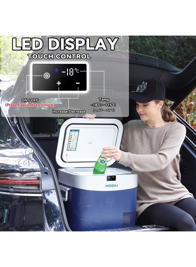 Megiu ثلاجة سيارة محمولة، 23 لتر، 12V/24V DC 110~240V AC، سعة 22 لتر، تحكم باللمس، شاشة LED، من -18°C إلى +15°C، أزرق، تشطيب غير لامع - Image 5