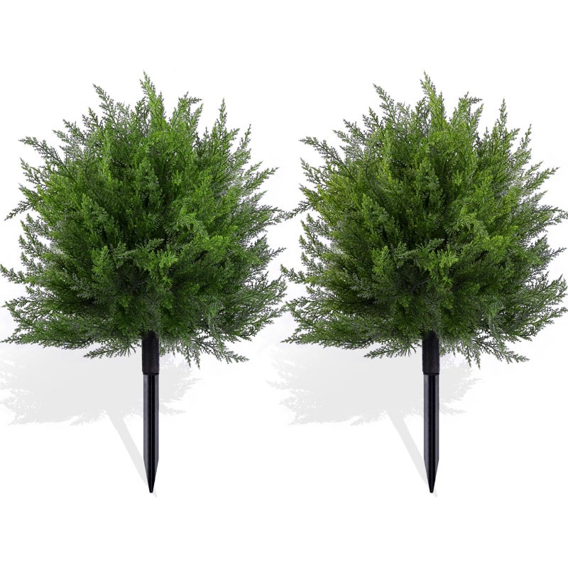 FAJUNZH Artificial Topiary Bushes for Outdoors with Spike, Boxwood Ball Fake Shrubs UV Resistant Faux Plants for Indoor Outdoor Fall Thanksgiving Halloween Decor (Cedar Topiary Ball Trees) - Image 1