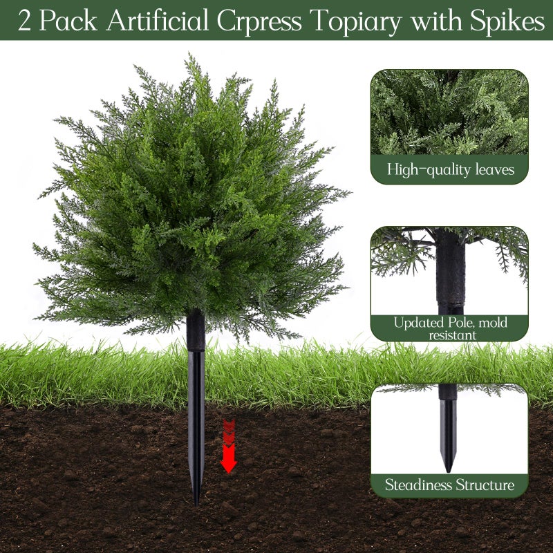 FAJUNZH Artificial Topiary Bushes for Outdoors with Spike, Boxwood Ball Fake Shrubs UV Resistant Faux Plants for Indoor Outdoor Fall Thanksgiving Halloween Decor (Cedar Topiary Ball Trees) - Image 2